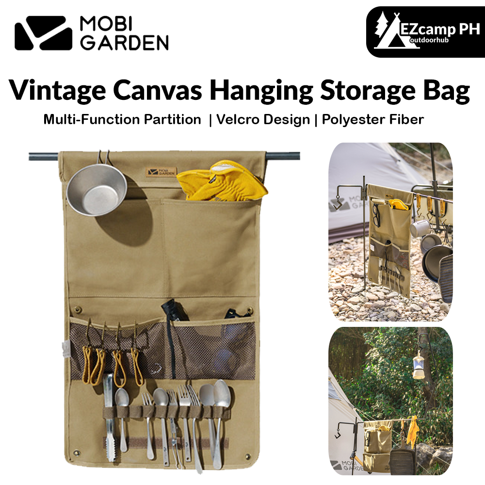 Mobi Garden Vintage Canvas Hanging Storage Bag Portable Lightweight Multifunctional Foldable Retro Cotton Sundries Bag Outdoor Camping Accessories