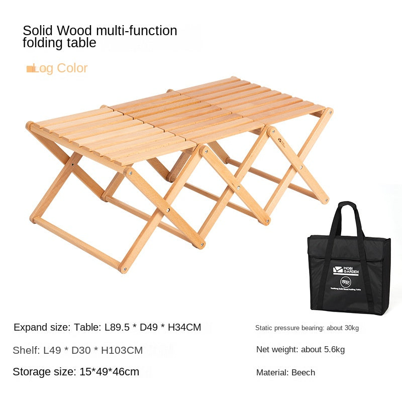 Mobi Garden Multi-Function Folding Table Portable Lightweight Solid Wood Storage Table Multi-layer Shelf Rack Foldable Wooden Table 4 Layer Shelves Outdoor Camping