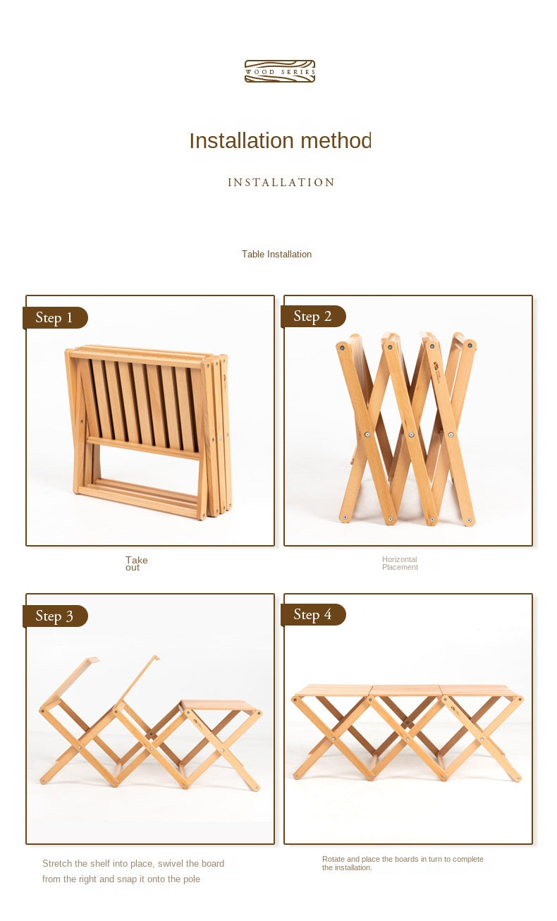 Mobi Garden Multi-Function Folding Table Portable Lightweight Solid Wood Storage Table Multi-layer Shelf Rack Foldable Wooden Table 4 Layer Shelves Outdoor Camping